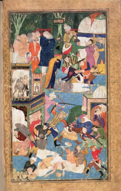 追加 22703 fol.52v 1387 年のイスファハーンの略奪。ティムールの軍隊が略奪、略奪、殺害を行っている様子を示しています。 作： Persian School