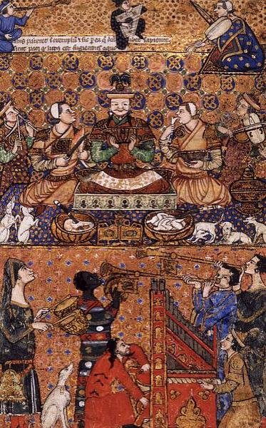 追加 27696 f.13 従者と音楽制作者が即位する支配者、14 世紀後半、ジェノヴァで書かれた 作： Persian School