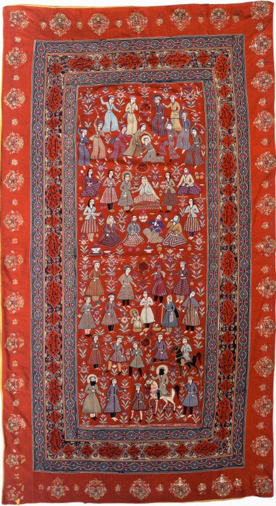 ジョセフの生涯を描いた数字の列が描かれた刺繍された赤い羊毛の布巾 作： Persian School