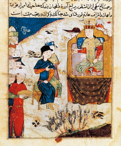 "モンカ（またはモンケまたはマングー・ハン）の謁見（1259年没）" ミニチュア 「Tarih-i djahangusha