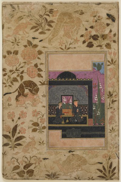 バーラム・グルとブラック・パビリオンの王女、1590年頃（不透明な水彩、インク、紙に金） 作： Persian School