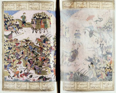 IsfandiyarとArjaspの間の戦い、Shahnama（Book of Kings）のイラスト、Abul-Qasim Manur Firdawsi（c.934-c.1020）c.1440-45（vellumのペン、インク、トイレ） 作： Persian School