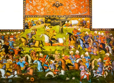 ムハンマドシェイバニカーン、レセプションホール、チェヘルソトゥーン、1647年に勝利したシャーイスマイルIの勝利によるタヘルアバドの戦いまたはメルヴの戦い 作： Persian School