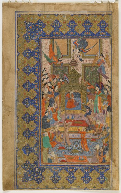 ビルキスはカムサ（クインテット）から即位、1560年頃（不透明な水彩、インク、紙に金） 作： Persian School