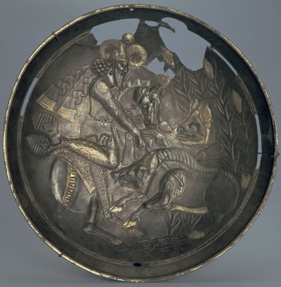 バラハン王子の狩猟の様子で飾られた料理、ササニー朝（226-651）（金メッキの銀） 作： Persian School
