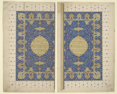 クルアーンからの見開き2枚のフロントピース、c.1550 作： Persian School
