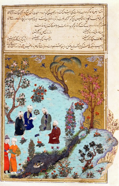 フィルダウシとガズナの3つの法廷詩人、Shahnama（Book of Kings）からの挿絵、Abul-Qasim Manur Firdawsi（c.934-c.1020）c.1440-45（ベラムにペン、インク、金） 作： Persian School