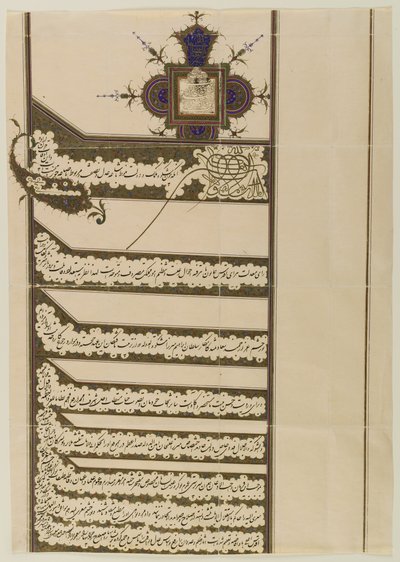 ファーマン（王室の勅令）、ムザファルアルディンシャーカジャのシール付き、1897年（紙にインクと金） 作： Persian School