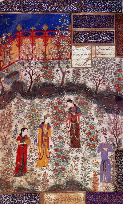 中国のホウメイ王子とホウメイウン王女の最初のインタビュー。1430年頃、ヘラートの学校で制作されたクラジュー・キルマニの詩から抜粋されたミニチュア。イラン。装飾美術、パリ 作： Persian School