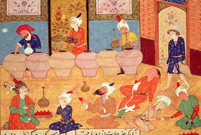 Fol.33v、ミュージシャンとの宴会の詳細、Hafiz Shiraziによる詩集（c.1325-c.1388）1554 作： Persian School