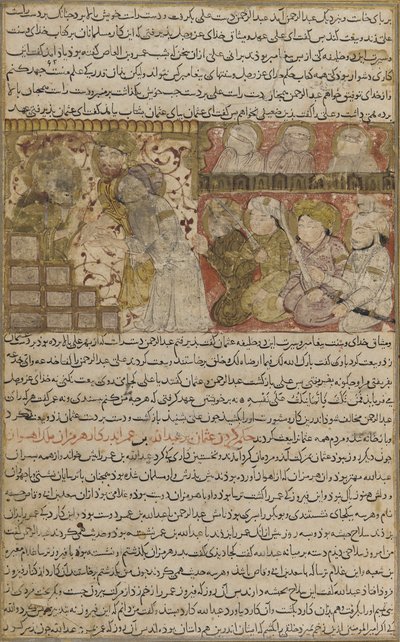 バラミ作のタリクナマのフォリオ（歴史の書）：メディナのカリフへのオスマンの選挙、1300年頃（不透明な水彩、インク、紙の上の金） 作： Persian School
