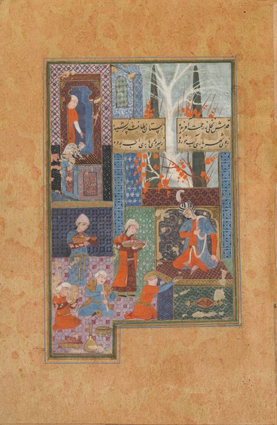 ジャミ（d。1492）によるディバン（収集された詩）からのフォリオ。プリンスとアテンダント（紙に不透明な水彩画、インク、金） 作： Persian School