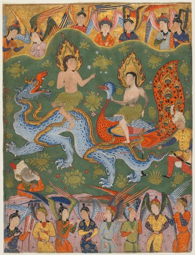 Falnama（Book of Omens）のフォリオ。 verso：アダムとイブの追放、カズヴィン、イラン、サファヴィー朝時代、1550年代中期（不透明な水彩、インク、紙の上の金） 作： Persian School