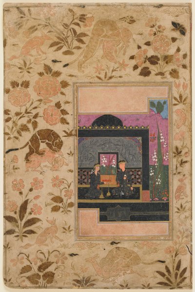 Haftペイカーのフォリオ。イランのカズウィン、ブラックパビリオンのバーラムグルと王女、1590年頃（不透明な水彩画、インク、紙の上の金） 作： Persian School