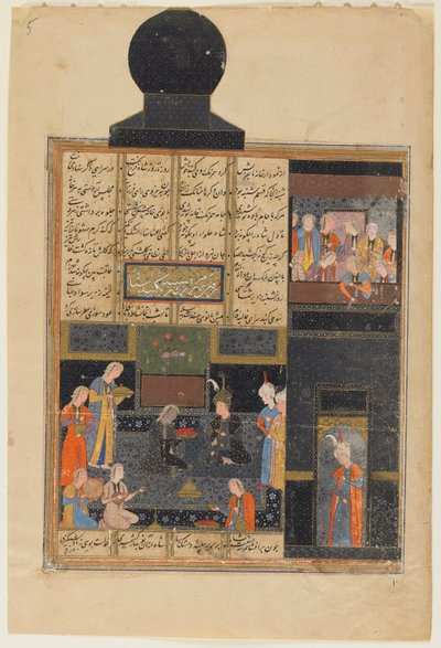ニザミによるカムサ（五重奏曲）のフォリオ。 verso：Bahram Gur and the Princess in the Black Pavilion、Shiraz、Iran、c.1550（不透明な水彩、インク、紙の上の金） 作： Persian School