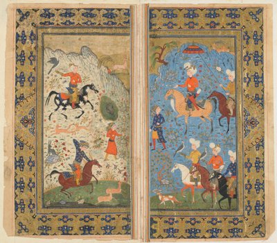 FirdawsiによるShahnama（Books of Kings）のフォリオ。王室狩猟、イラン、1590年-1600年頃（不透明な水彩、インク、紙の上の金） 作： Persian School