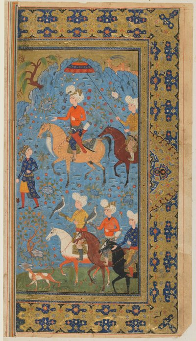 FirdawsiによるShahnama（Books of Kings）のフォリオ。王室狩猟、イラン、1590年-1600年頃（不透明な水彩、インク、紙の上の金） 作： Persian School