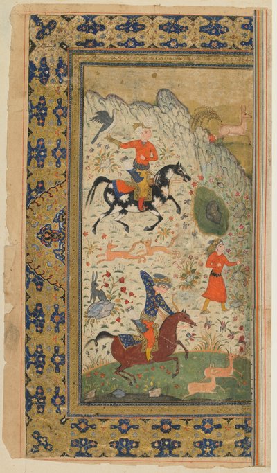 FirdawsiによるShahnama（Books of Kings）のフォリオ。王室狩猟、イラン、1590年-1600年頃（不透明な水彩、インク、紙の上の金） 作： Persian School