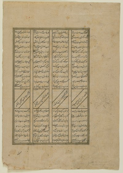 Firdawsi（d.1020）によるShahnama（Book of kings）のフォリオ。 recto：ケイコスロウとアフラシヤブ、アフラシヤブス間の戦闘は退却します。 verso：Kay Khusrawの物語からのテキスト、分離された原稿f 作： Persian School