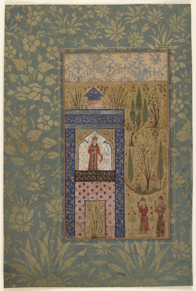 アンソロジーのフォリオ。窓辺の王女の前の2人の若者、イラン、1417-18（不透明な水彩画と紙の上の金） 作： Persian School