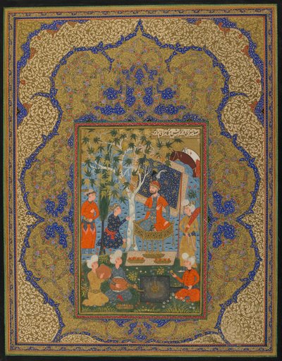 正体不明のテキストからのフォリオ。即位した定規、おそらくイランのクラサン、1590年頃（不透明な水彩画、インク、紙の上の金） 作： Persian School