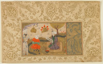 正体不明のテキストからのフォリオ。イランの小川に座る女と会話する女性、1500年頃（不透明な水彩、インク、紙の上の金） 作： Persian School
