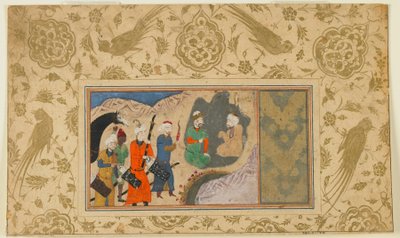 正体不明のテキストからのフォリオ。イスカンダル（？）イランの隠者を訪ねる（1500年頃）（紙に不透明の水彩画、インク、金） 作： Persian School