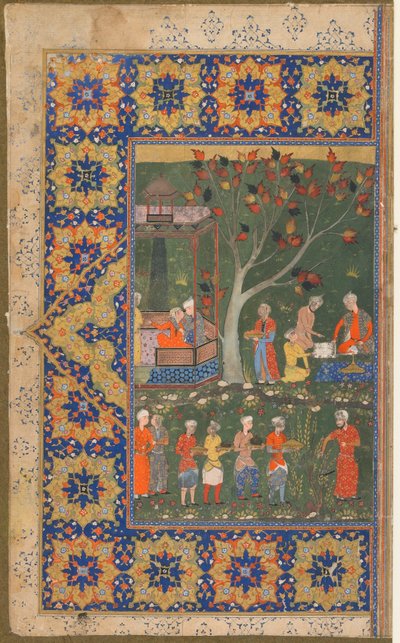 正体不明のテキストからのフォリオ。 recto：A Party in a Garden、Shiraz、Iran、c.1570（不透明な水彩、インク、紙の上の金） 作： Persian School