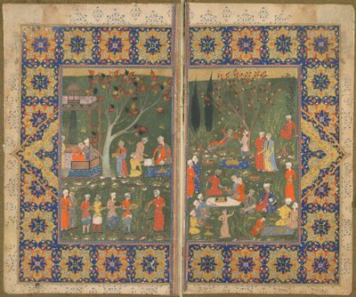 正体不明のテキストからのフォリオ。 verso：庭でのパーティー、イラン、シラーズ、c.1570（紙に不透明な水彩、インク、金） 作： Persian School