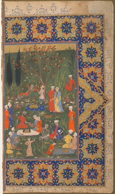 正体不明のテキストからのフォリオ。 verso：庭でのパーティー、イラン、シラーズ、c.1570（紙に不透明な水彩、インク、金） 作： Persian School