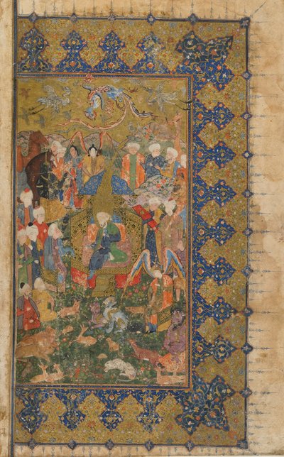 正体不明のテキストからのフォリオ。 verso：Solomon Enthroned、Shiraz、Iran、c.1560（不透明な水彩画、インク、紙の上の金） 作： Persian School