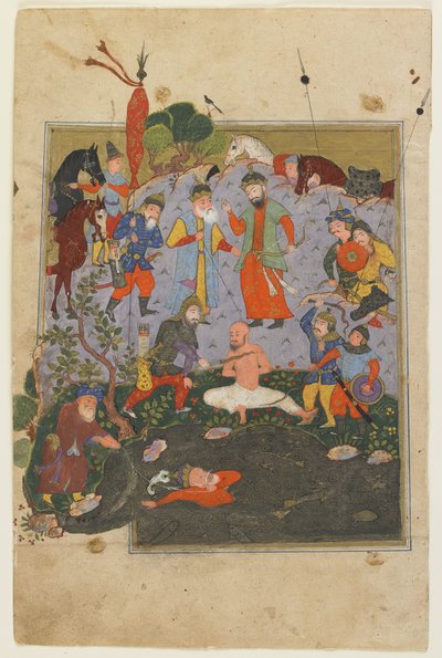 アフラシヤブがShahnamaから湖から引きずられている間にGarsivazがむち打たれる 作： Persian School