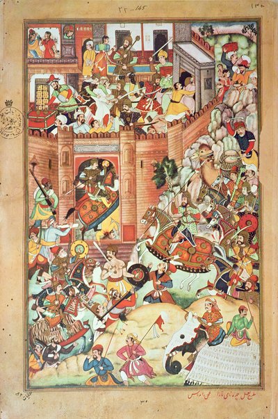 チンギス・ハーンが中国の町を占領する様子（1596年に完成した「チンギス・ハーンのペルシャ史」からの縮図 作： Persian School