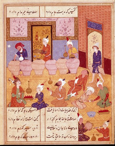 イスラム美術。"音楽家との宴" ペルシャの詩人ハーフェズ（ハーフィズ・シラズィ）の詩を描いたミニチュア、ペルシャ語の写本。1554年 サン・ロレンソ・デ・エル・エスコリアル、エル・エスコリアル修道院王立図書館、マドリード 作： Persian School