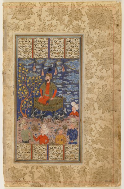 ケイカウスと彼のシャーナマから飛んでいる王位 作： Persian School