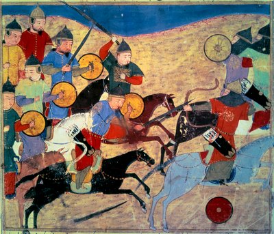 ノカイのリーク（カラ・ノガイ・ハン（ノガイ、ノカイ、ノガイ、チンギス・ハンの曾孫、1299年没）。モンゴルの騎馬民族。ラチッド・アルディン・ファズルが書いた「物語の総て（Djame al-tavarikh）」（Folio 155v）を描いたペルシャ語の写本 作： Persian School