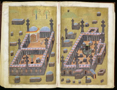 MS.343.f15v-16r「理由による慈善、ムスタファアルシュクリ作、1160年のメディナ＆メッカのモスク 作： Persian School
