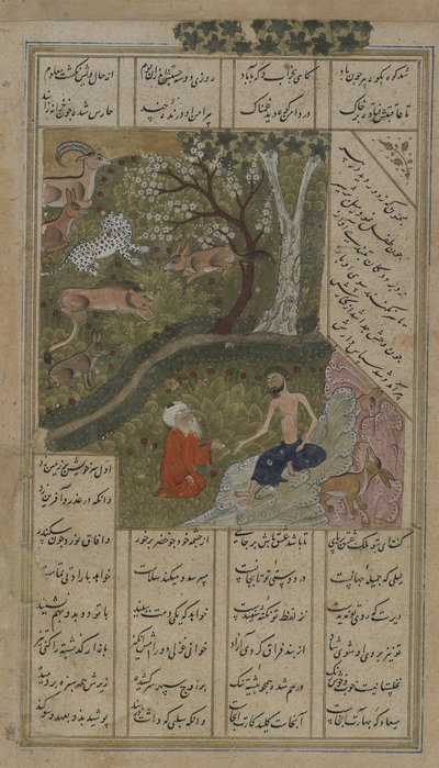 荒野でシェイクサリムが訪れたマイヌン、ニザミ（d.1209）1475-1500によるLayla u-Majnunからのフォリオ（不透明な水彩、インク、紙の上の金） 作： Persian School