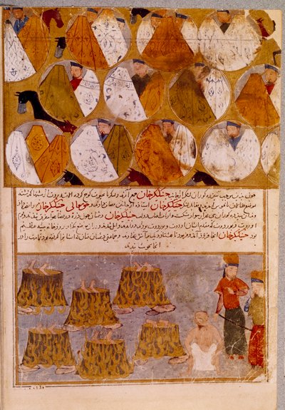 チンギス・ハーン（1162-1227）のモンゴルのテントと捕虜。チンギス・ハーンは、ジャジラット族のモンゴル人であるジャムクアの従者を大釜に投げ込ませている。ペルシャ語のミニチュアは、"Jami al-tawarikh"（ジャミ・アル・タワリク）または "Universal History "から引用したものです。 作： Persian School