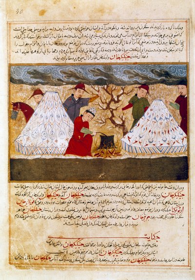 ペルシャ料理をするモンゴル人 歴史家ラシッド・アルディン（al din）（1247-1318）の「ジャミ・アル・タワリク」（Jami al-tawarikh）すなわち「万国史」から1430年頃に引用された細密画。パリ、B.N. 作： Persian School