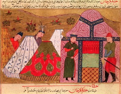 Ms.Sup.Pers.1113。フォル。 66vラシッドアルディンの本（1247-1318）のジンギスカンのキャンプ（c.1162-1227） 作： Persian School