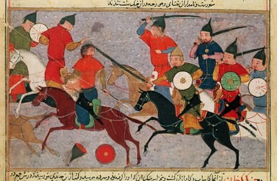Ms Pers.113 f.49戦闘中のジンギスカン（c.1162-1227）、Rashid-al-Din（1247-1318）の本（ガッシュ） 作： Persian School