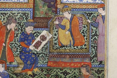 ヌシャベはエスカンダルの肖像画を受け取ります、c.1475（紙に不透明なトイレ） 作： Persian School