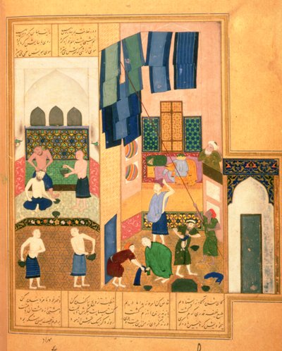 Or.6810 f.27v Harun al-Rashid とトルコ風呂の床屋 (ベラム) 作： Persian School