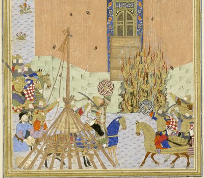 ペルシャ239 fol.223a詳細：地雷で攻撃されたギャングディズの要塞、シャフナマ（王の書）のイラスト、Abul-Qasim Mansur Firdawsi（c.934-c.1020）、1444 作： Persian School