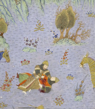 ペルシャ239 fol.67b詳細：ロスタムによるスールブ殺害、シャーナマ（王の書）の挿絵、アブルカシムマンスールフィルダウシ（c.934-c.1020）、1444 作： Persian School