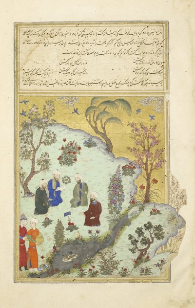 ペルシア人239 fol.7aフィルダウシがガズニの法廷詩人に遭遇、シャフナーマ（王の書）からの挿絵、Abul-Qasim Mansur Firdawsi（c.934-c.1020）、1444 作： Persian School
