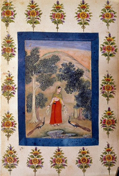 ペルシャ美術：2羽のクジャクに贈る2つの花のネックレスを持つ女性。ペルシャの細密画 作： Persian School