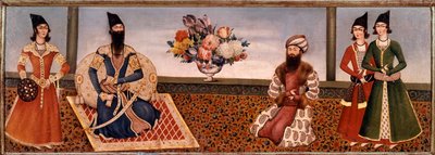 ペルシャ王ファト・アリー・シャー（1771-1834）が宮廷の人々を囲んでいる様子 シラーズ派の絵画（シラーズ）（19世紀） テヘラン、フォルギ・コレクション 作： Persian School
