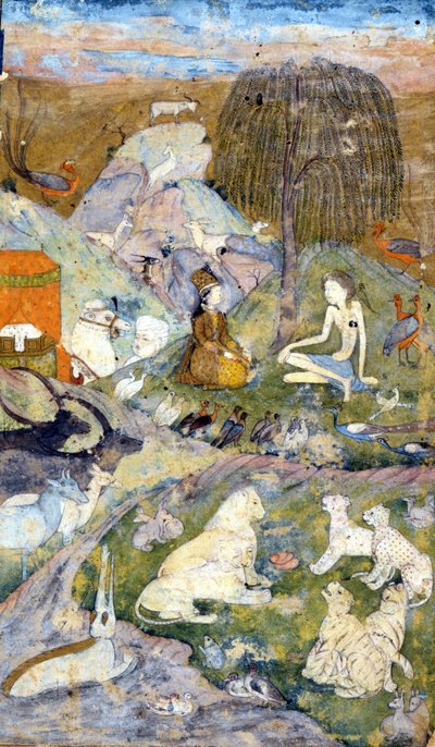 世界の創造を描いた17世紀のペルシャのミニアチュール。生命の木のそばに男と女、そしてすべての動物が描かれている。ゾロアスター教：ザラトゥストラの宗教（Zarathustra, Zarathushtra, Zarathustra or Zoroastra) 作： Persian School